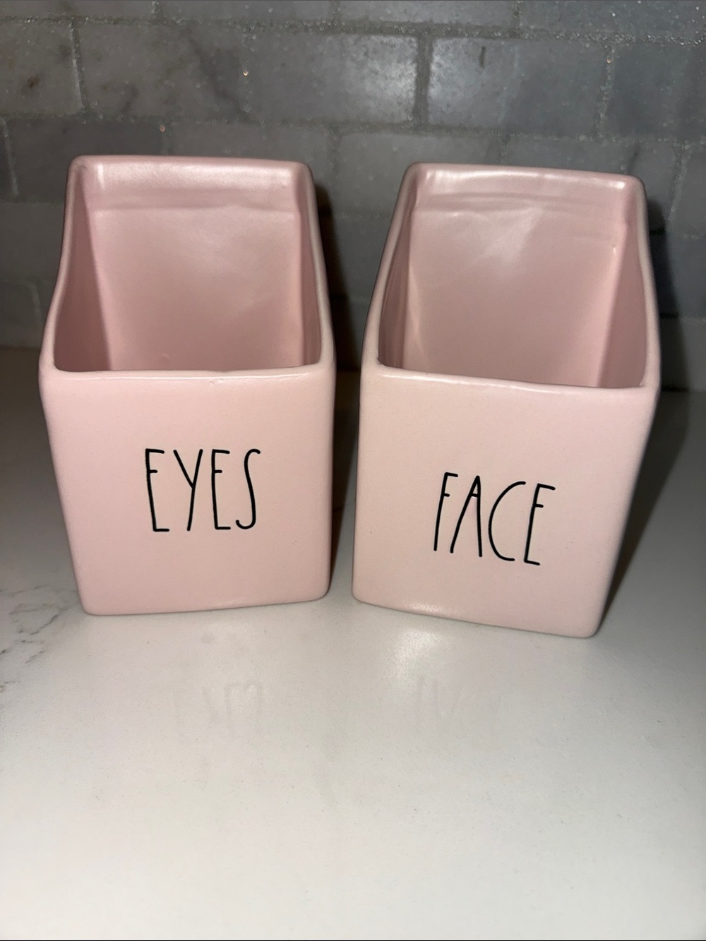 RAE DUNN Pink 'Eyes' and 'Face' Ceramic makeup/brush Organizer Set